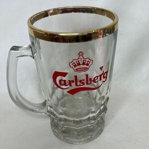 Carlsberg Beer Mug 18 Ounces Gold Rimmed England Stamped 3 1/2 Round 6 In Tall